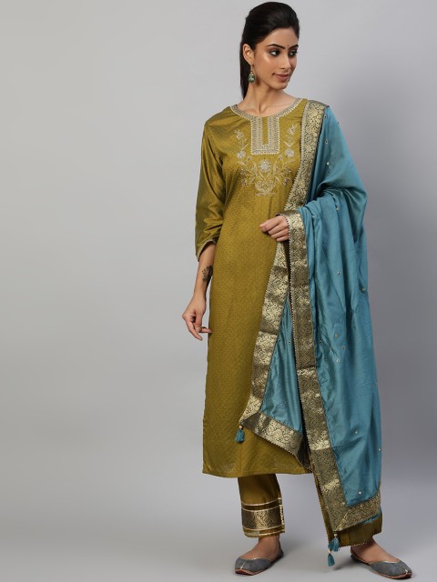 

Luni Women Olive Green & Teal Blue Floral Printed Kurta With Trousers & Dupatta