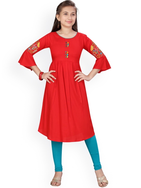 

Aarika Girls Red Pleated Pure Cotton Kurti with Churidar