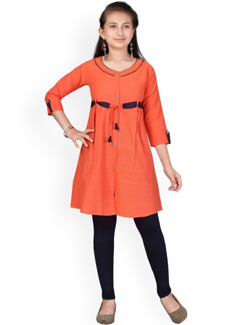 

Aarika Girls Orange & Navy Blue Regular Pure Cotton Kurta with Trousers