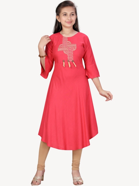 

Aarika Girls Red & Beige Embroidered A-Line Pure Cotton Kurta with Churidar