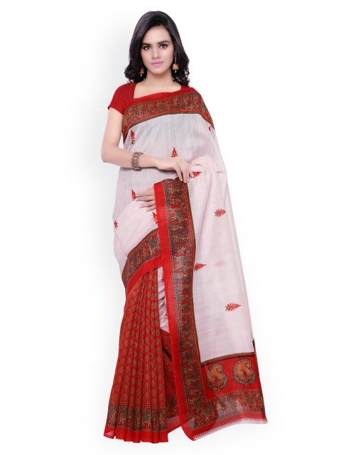 

Silk Bazar White & Red Printed Bhagalpuri Art Silk Traditional Saree