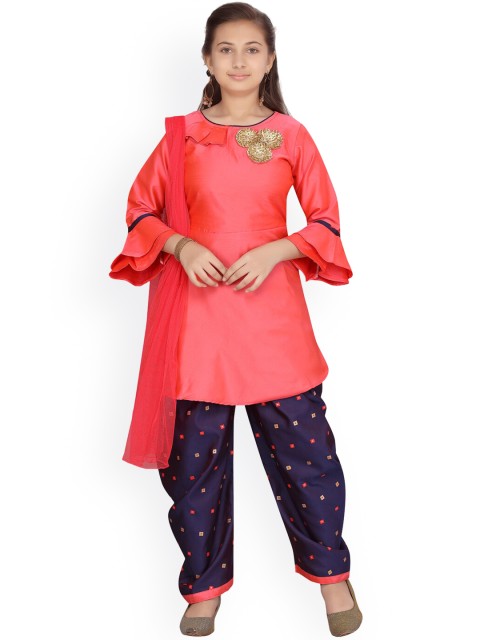 

Aarika Girls Peach-Coloured Embroidered Layered Pure Silk Top with Salwar