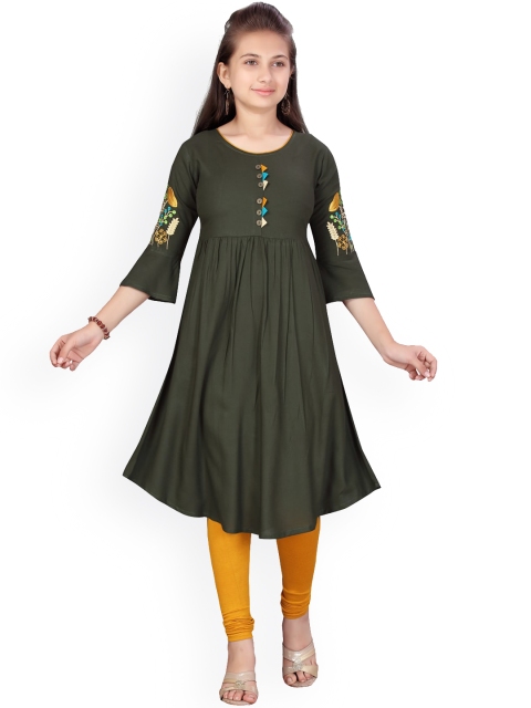 

Aarika Girls Olive Green Ethnic Motifs Embroidered Pleated Thread Work Pure Cotton Kurta with Churidar