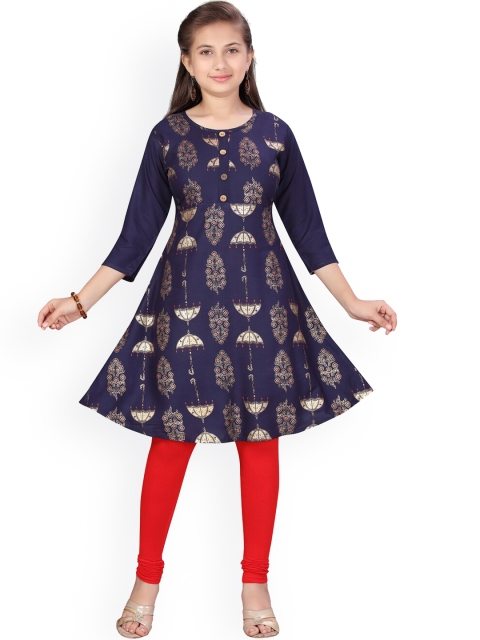 

Aarika Girls Navy Blue Floral Printed Pleated Pure Cotton Kurti with Churidar