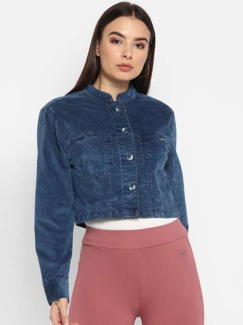 

FOSH Women Blue Corduroy Crop Tailored Jacket
