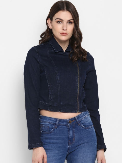 

FOSH Women Navy Blue Crop Denim Jacket with Embroidered