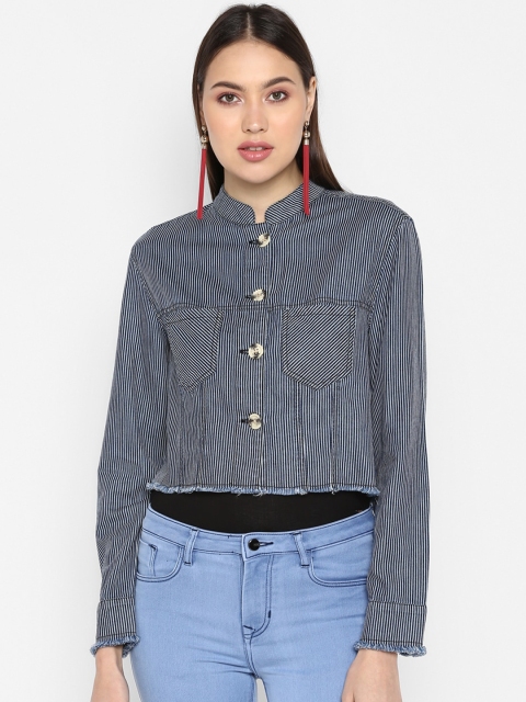 

FOSH Women Blue White Striped Crop Tailored Jacket