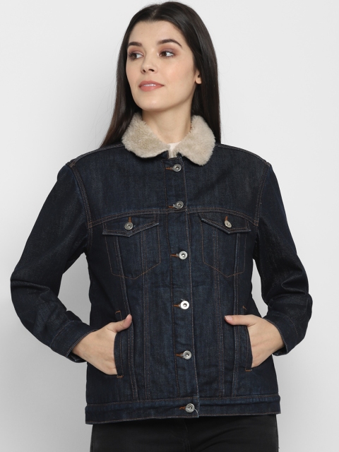

FOSH Women Navy Blue Washed Checked Denim Pure Cotton Jacket With Faux Fur Trim