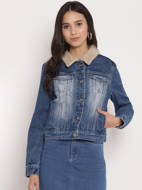 

FOSH Women Blue Washed Crop Denim Jacket
