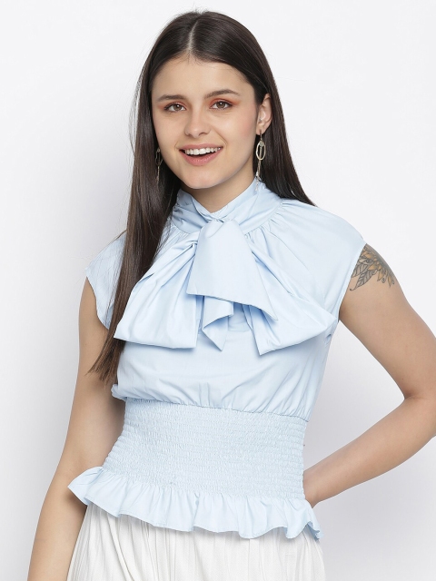 

Oxolloxo Women Blue Tie-Up Neck Cinched Waist Top