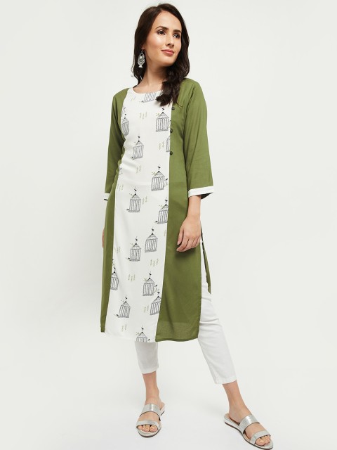 

max Women Olive Green Floral Printed Thread Work Kurta