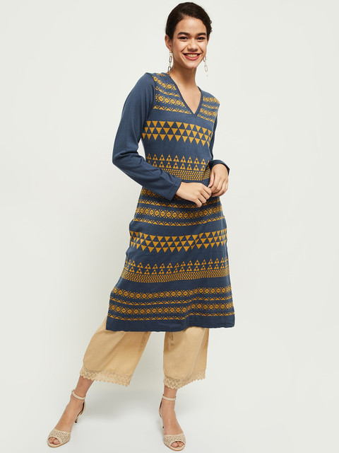 

max Women Blue & Yellow Geometric V-neck Straight Kurta