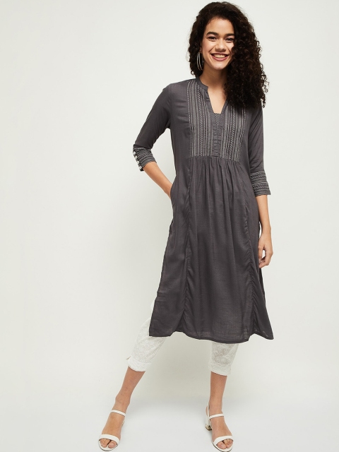 

max Women Grey Cotton Solid Kurta, Teal