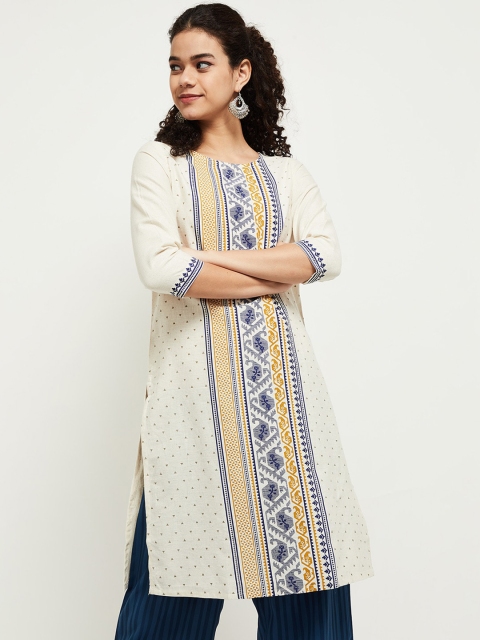 

max Women Off White Cotton Geometric Thread Work Kurta