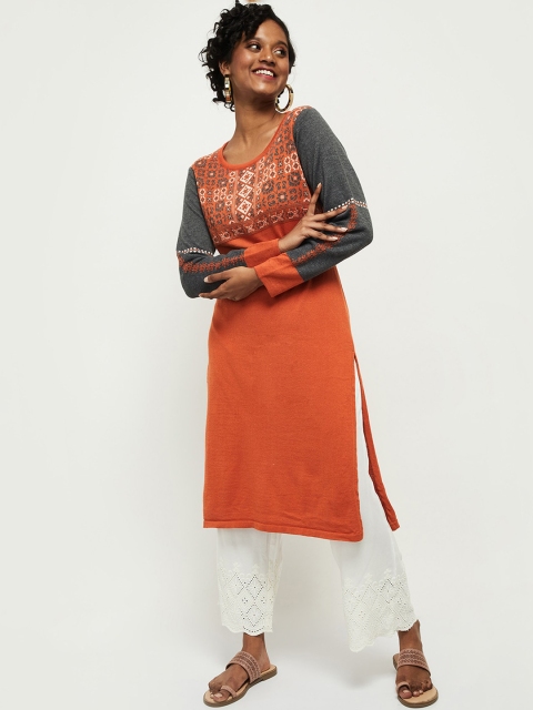 

max Women Orange Ethnic Motifs Yoke Design Kurta