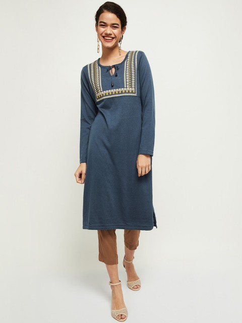 

max Women Blue Yoke Design Keyhole Neck Thread Work Kurta