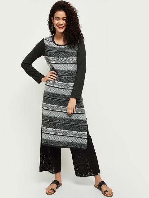 

max Women Black & Grey Striped Thread Work Kurta