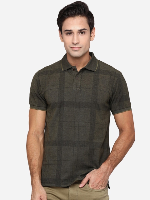 

Greenfibre Men Olive Green Checked Polo Collar Slim Fit T-shirt