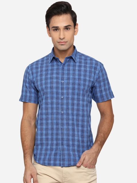 

Greenfibre Men Blue Classic Slim Fit Opaque Checked Pure Cotton Casual Shirt