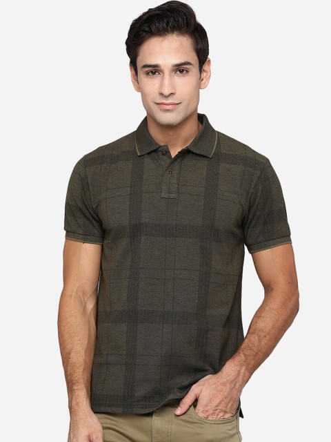 

Greenfibre Men Olive Green Checked Polo Collar Slim Fit T-shirt