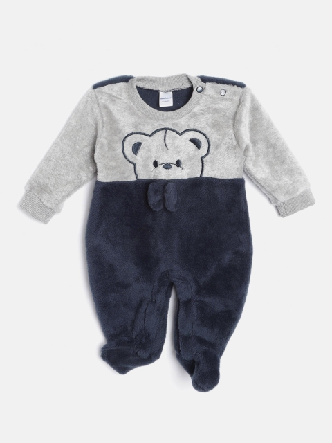 

Moms Love Infant Boys Grey & Navy Pure Cotton Colourblocked & Embroidered Sherpa Sleepsuit