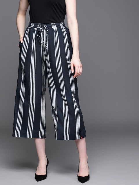 

Biba Women Navy Blue & White Striped Flared Cropped Ethnic Palazzos