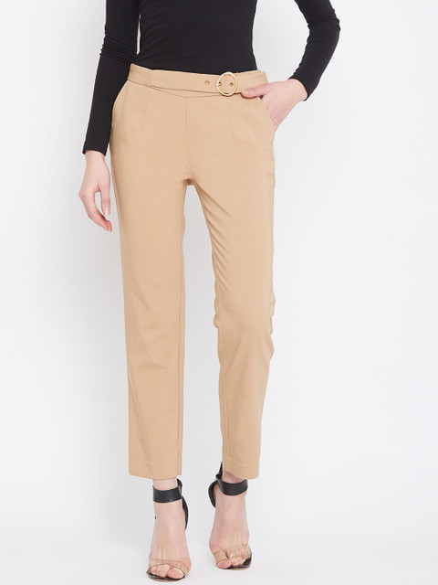 

Madame Women Khaki Solid Slim Fit Cropped Trousers