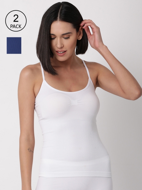 

GOLDSTROMS Pack Of 2 Women White & Blue Cotton Solid Camisoles