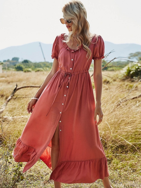 

GRACE & JACK Coral Red Front Buttoned Dress