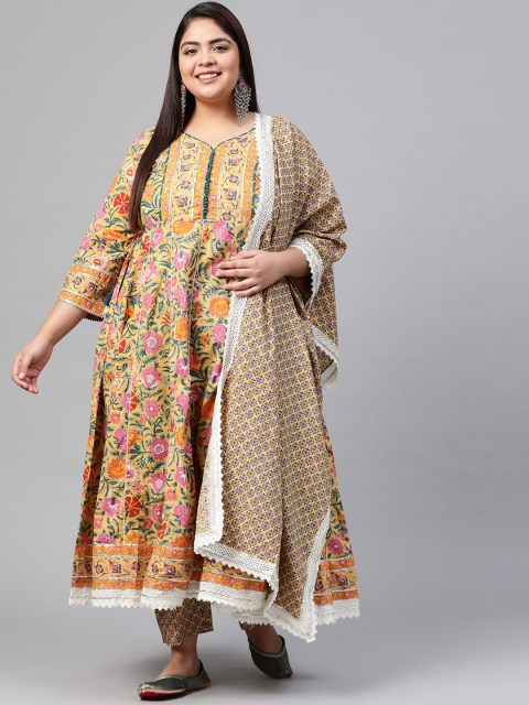 

Divena Women Yellow Floral Printed Regular Gotta Patti Pure Cotton Kurta Set With Dupatta
