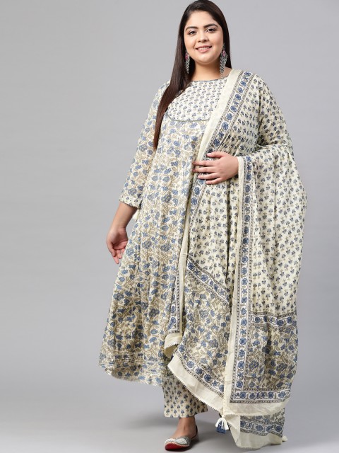 

Divena Women Cream-Coloured Floral Printed Regular Pure Cotton Kurta Set With Dupatta