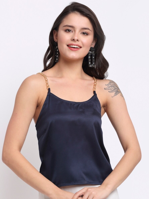 

NEUDIS Navy Blue Sheen Satin Styled Styled Back Top