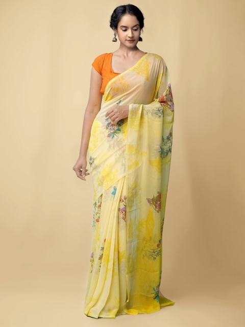 

Unnati Silks Yellow & Blue Floral Block Print Saree