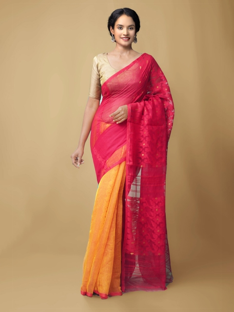 

Unnati Silks Red & Orange Ethnic Motifs Silk Cotton Jamdani Saree