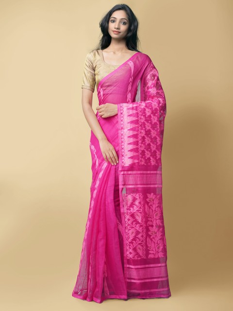 

Unnati Silks Pink Pure Handloom Dhaka Jamdhani Bengal Cotton Silk Saree
