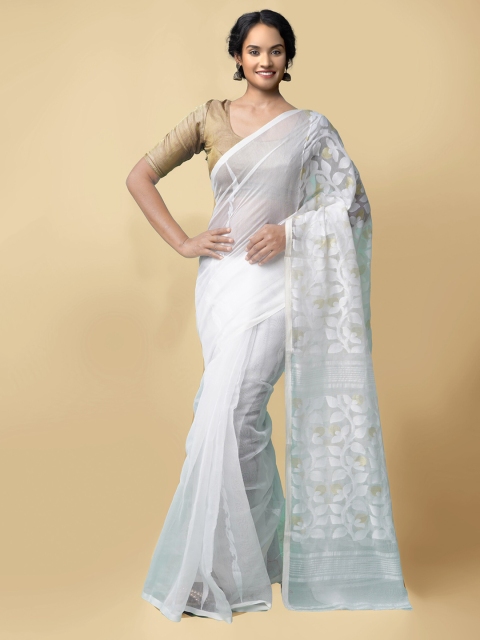 

Unnati Silks Women White & Gold-Toned Pure Handloom Dhaka Jamdhani Bengal Cotton Silk Sustainable Saree