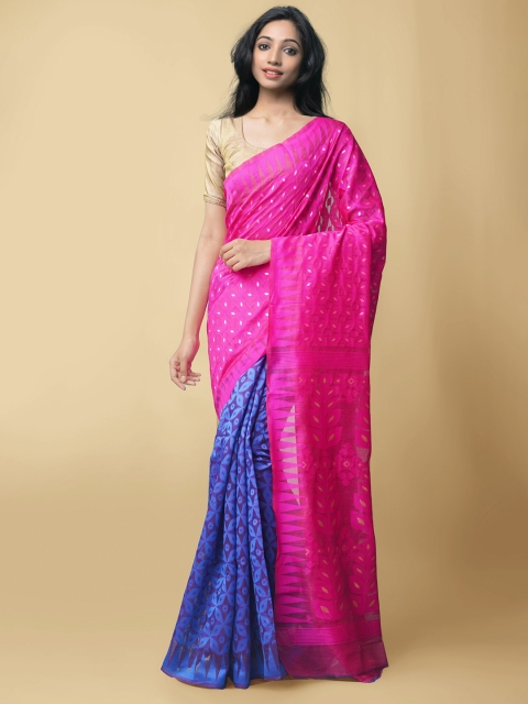 

Unnati Silks Women Pink & Blue Dhaka Jamdhani Bengal Cotton Silk Saree