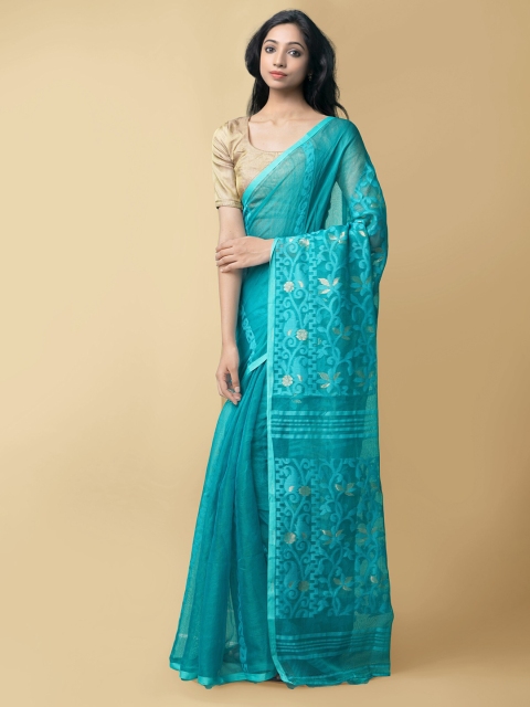 

Unnati Silks Green & Gold-Coloured Floral Zari Dhaka Silk Cotton Jamdani Saree