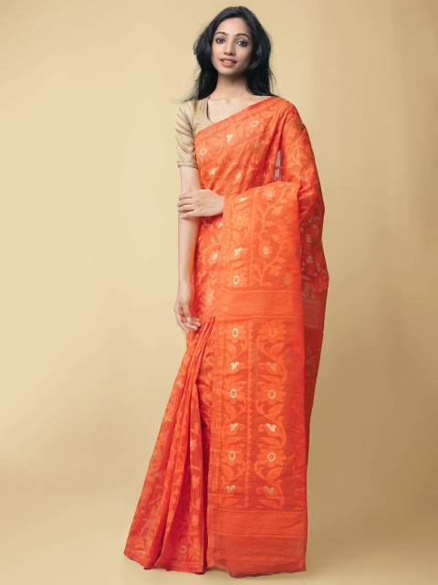 

Unnati Silks Orange & Gold-Toned Woven Design Silk Cotton Jamdani Saree