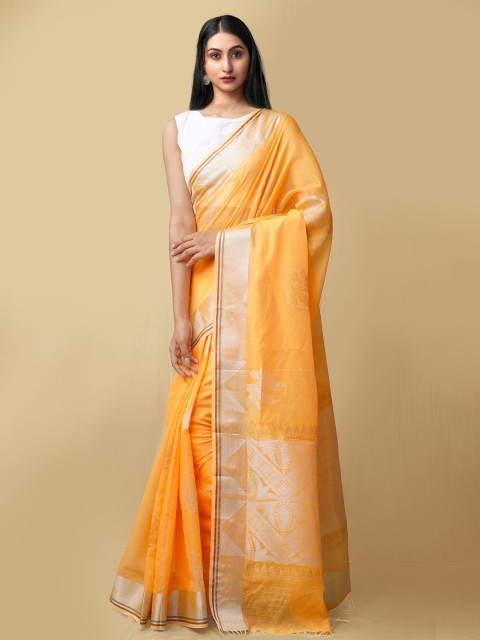 

Unnati Silks Orange & Silver-Toned Woven Design Silk Cotton Mysore Silk Saree