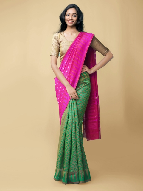 

Unnati Silks Pink & Green Woven Design Silk Cotton Jamdani Saree
