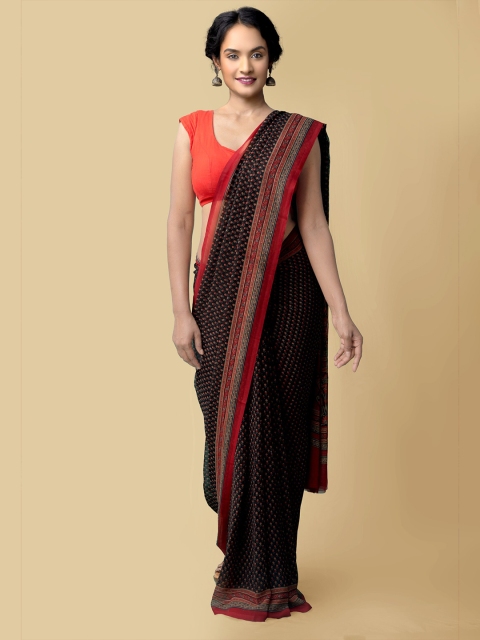 

Unnati Silks Black & Red Ethnic Motifs Block Print Saree