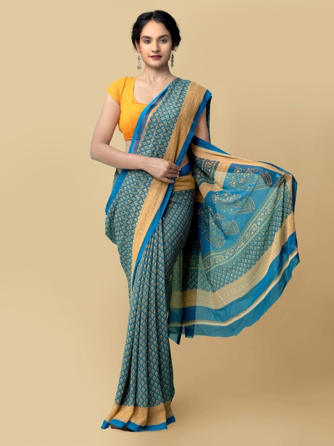

Unnati Silks Women Blue & Peach-Coloured Printed Georgette Saree