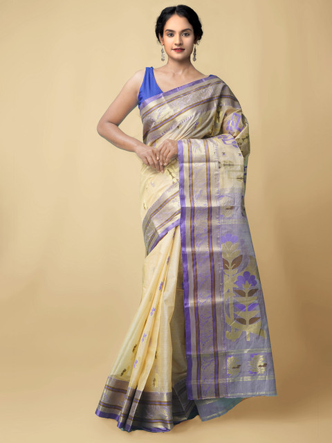 

Unnati Silks Women Cream-Coloured & Blue Pure Handloom Dhaka Bengal Tissue Silk Sustainable Saree