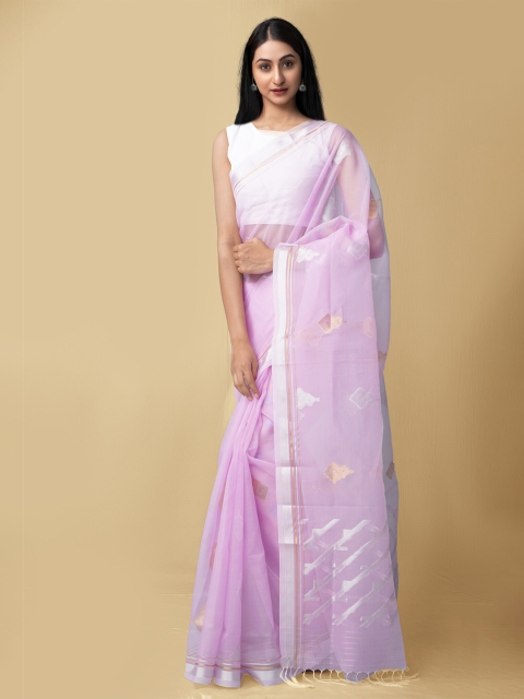 

Unnati Silks Purple & Silver-Toned Woven Design Zari Organza Mysore Silk Saree