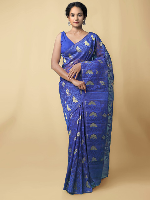 

Unnati Silks Women Blue & Gold-Toned Pure Handloom Bengal Tant Cotton Sustainable Saree