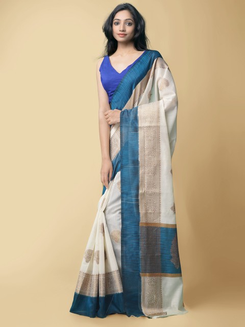 

Unnati Silks Cream-Coloured & Teal Woven Design Zari Silk Cotton Mysore Silk Saree