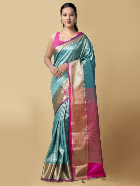 

Unnati Silks Green & Gold-Toned Woven Design Zari Silk Blend Kanjeevaram Saree