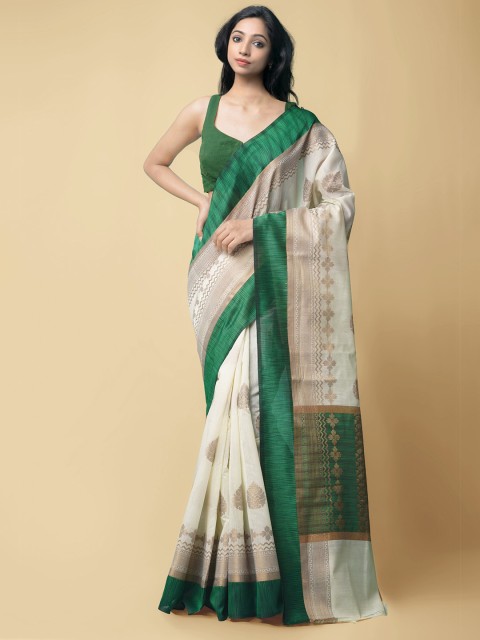 

Unnati Silks Cream-Coloured & Green Woven Design Zari Silk Cotton Mysore Silk Saree