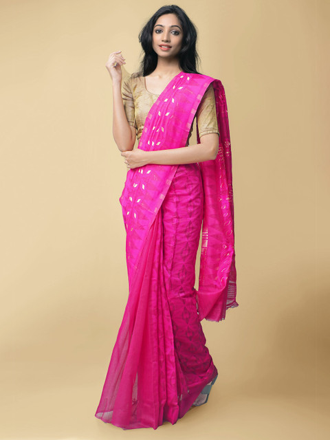

Unnati Silks Women Pink & Gold-toned Dhaka Jamdhani Bengal Cotton Silk Sustainable Saree